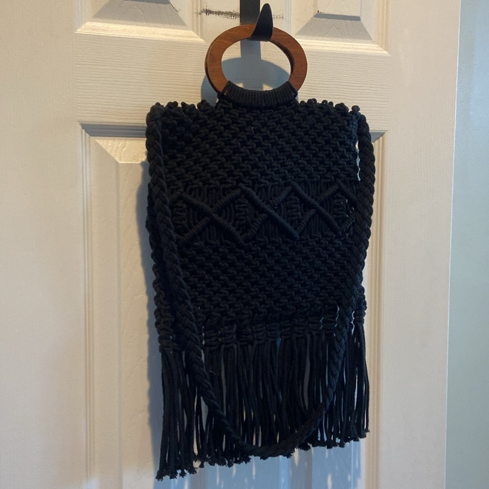 Danielle Nicole Black Macrame Fringe Bag Boho Cro… - image 3